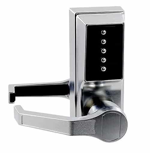 A rugged keypad lock good for an outside door.